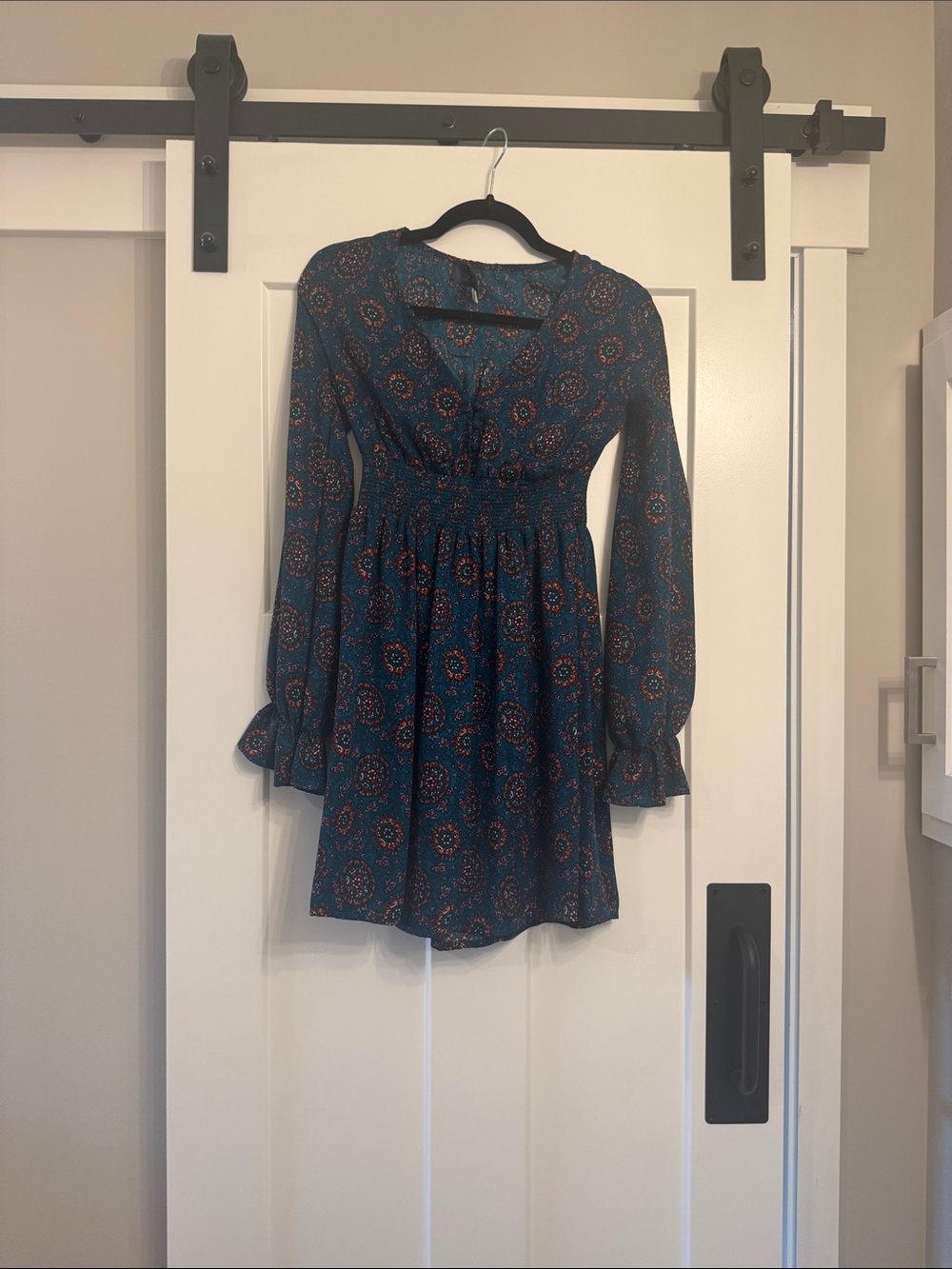 Francesca's Collections Teal Floral Long-Sleeve Fit-and-Flare Dress